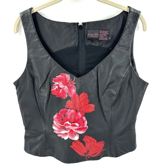 Shape FX Leather Vest Size 12 Floral Print Biker Corset Slimming Black Crop Goth - Picture 1 of 8